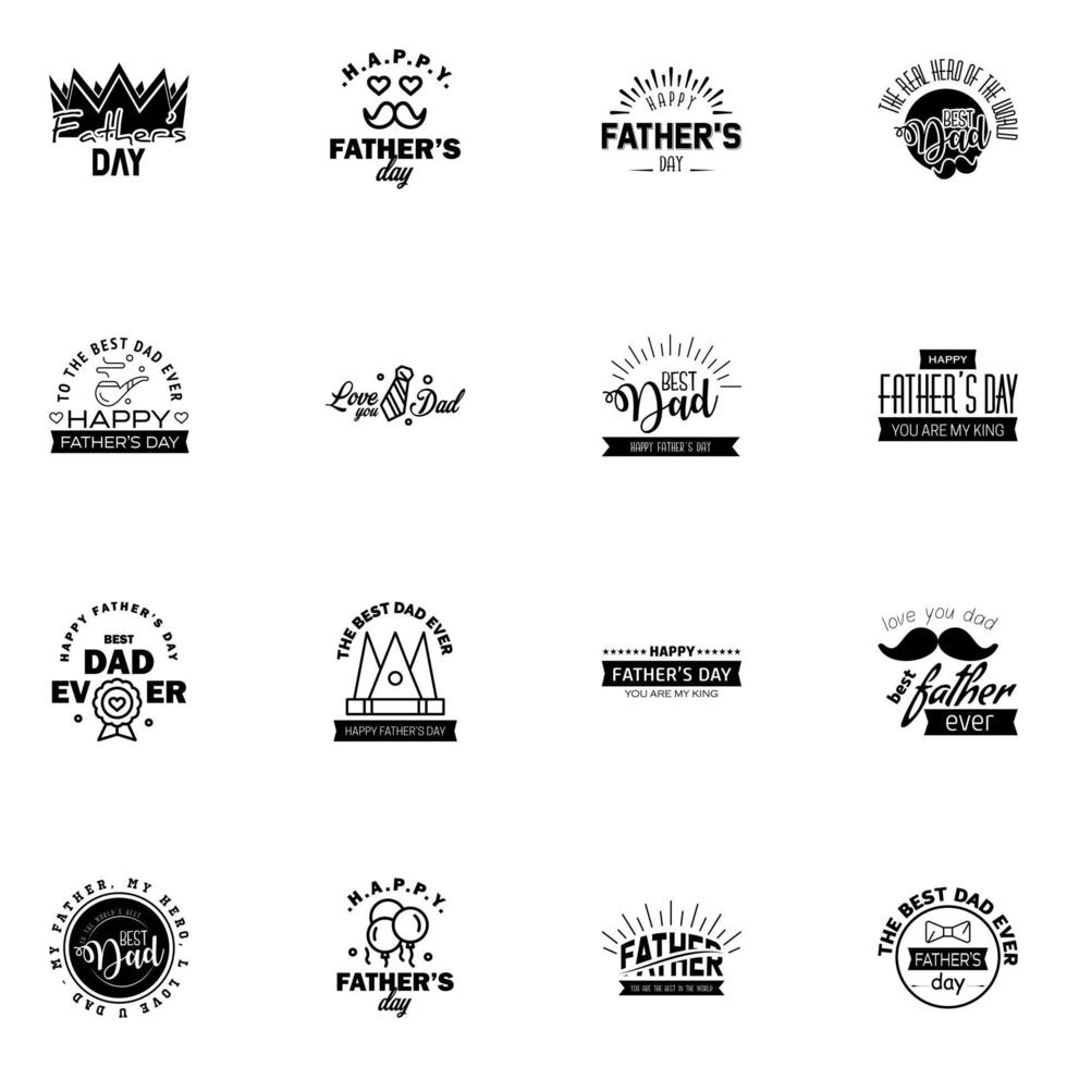 16 Black Set of Vector Happy fathers day Typography Vintage Icons Lettering for greeting cards banners tshirt design Fathers Day Editable Vector Design Elements