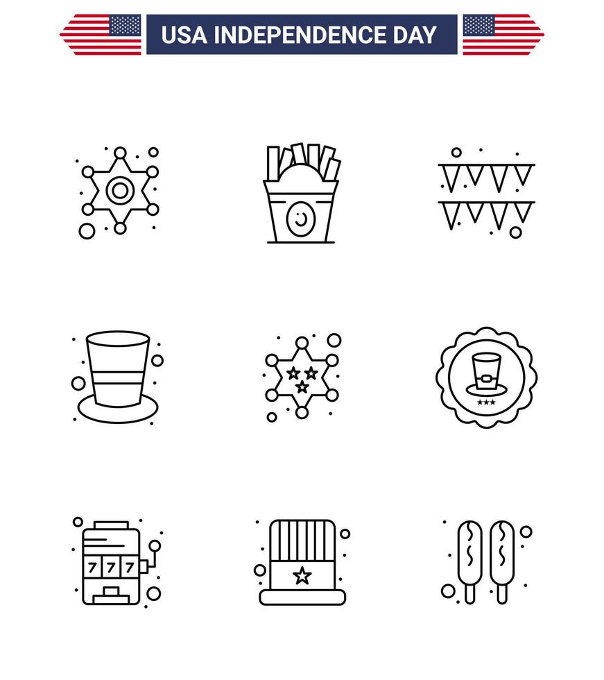 Set of 9 Modern Lines pack on USA Independence Day police badge festival magic hat cap Editable USA Day Vector Design Elements