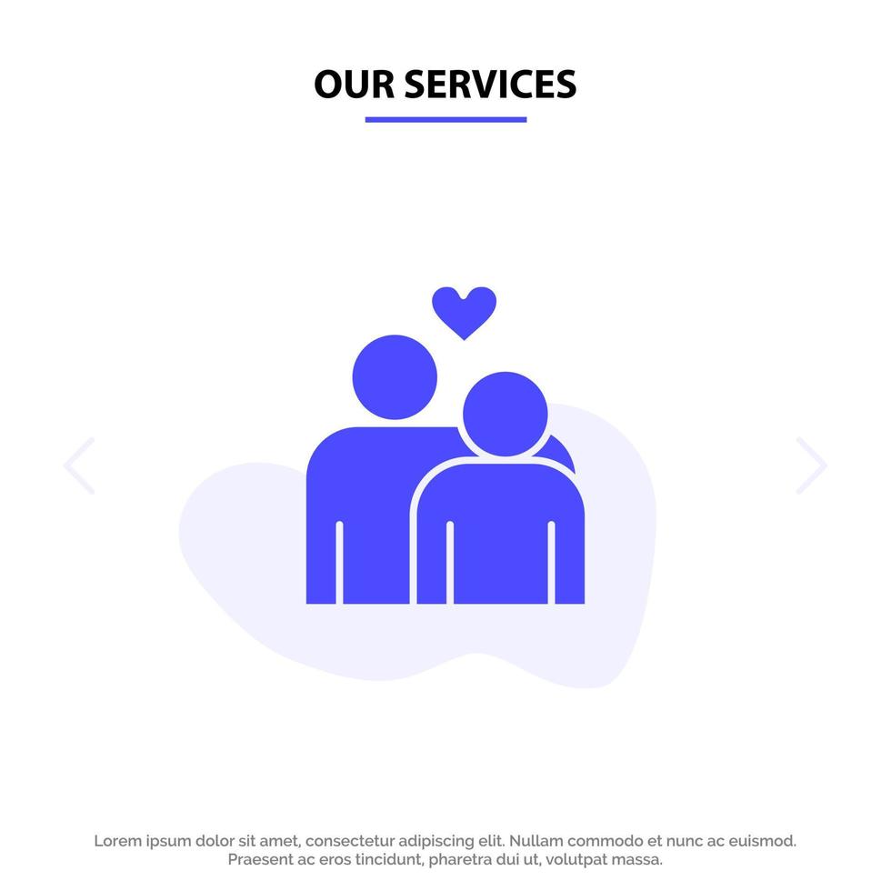 nuestros servicios pareja amor matrimonio corazón sólido glifo icono plantilla de tarjeta web vector