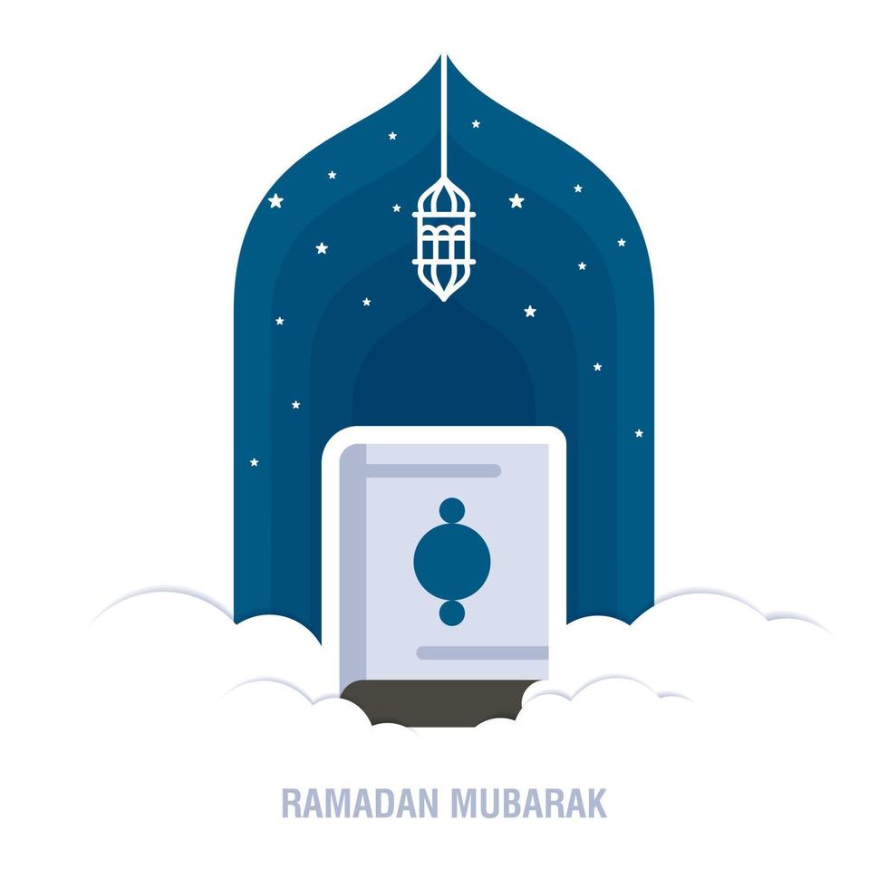 Ramadan Kareem islamic design crescent moon and mosque dome silhouette with arabic pattern and calligraphy vector