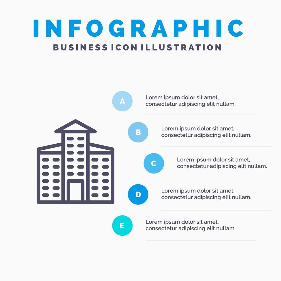 icono de línea de construcción de ciudad de edificio con fondo de infografía de presentación de 5 pasos vector