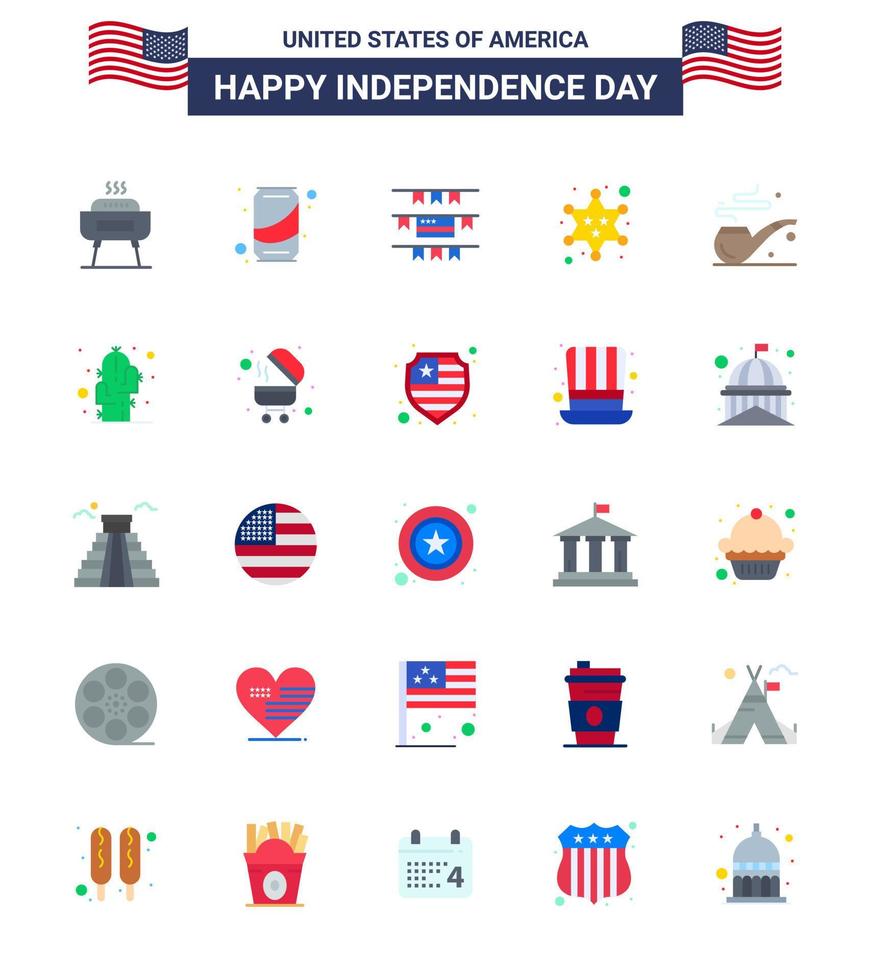 Happy Independence Day USA Pack of 25 Creative Flats of st pipe buntings star military Editable USA Day Vector Design Elements