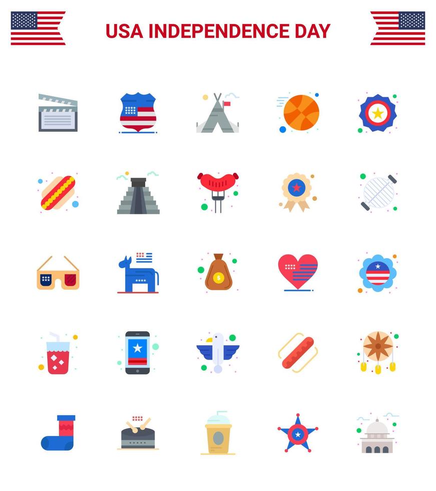 25 USA Flat Pack of Independence Day Signs and Symbols of badge american tent free sports basketball Editable USA Day Vector Design Elements