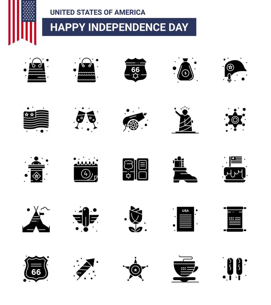 Pack of 25 creative USA Independence Day related Solid Glyph of flag star dollar protection head Editable USA Day Vector Design Elements