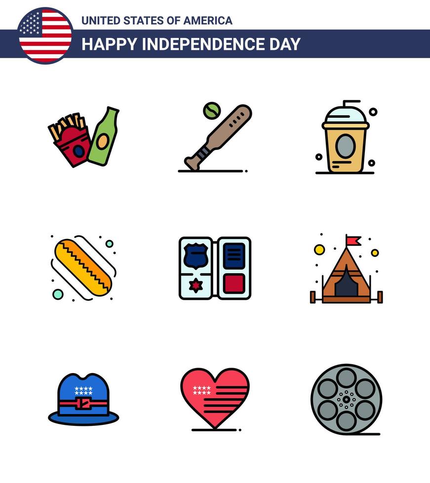 Set of 9 Vector Flat Filled Lines on 4th July USA Independence Day such as shield states cake hotdog independece Editable USA Day Vector Design Elements