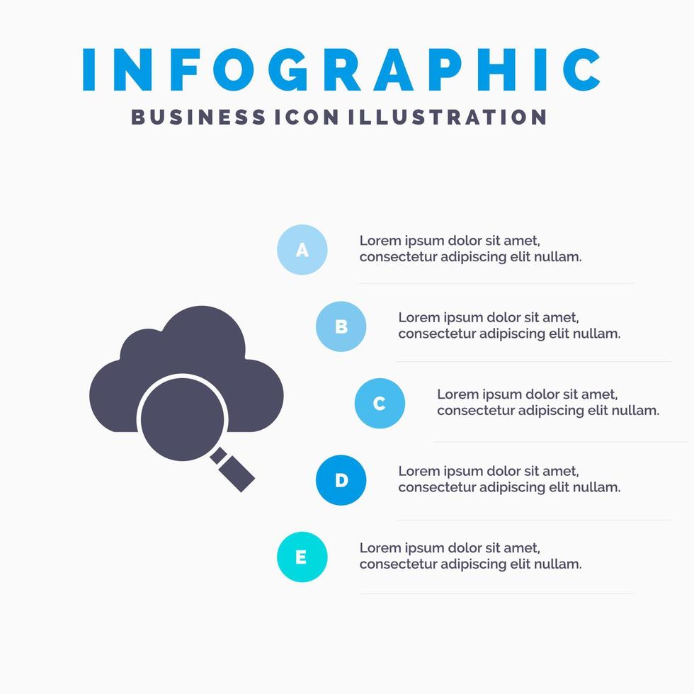 búsqueda en la nube investigación icono sólido infografía 5 pasos presentación antecedentes vector