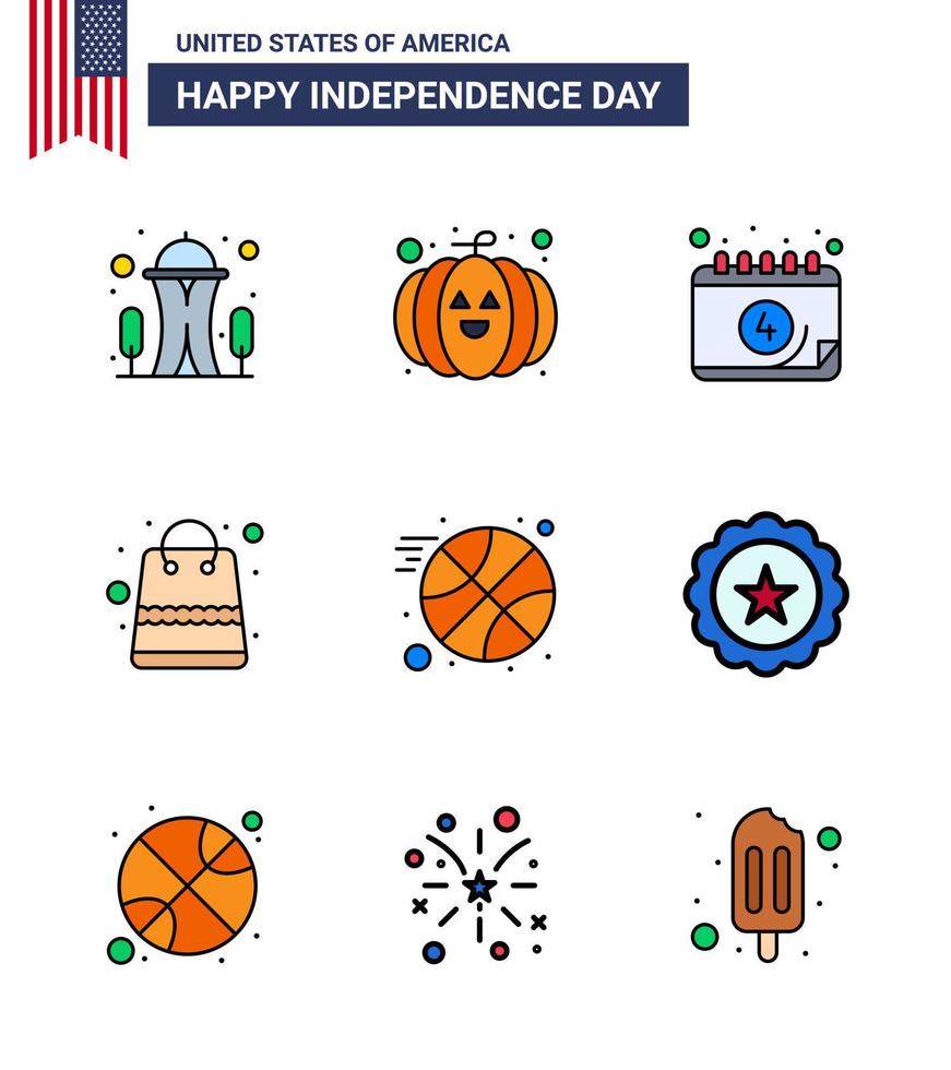 Pack of 9 creative USA Independence Day related Flat Filled Lines of sports basketball calendar shop money Editable USA Day Vector Design Elements