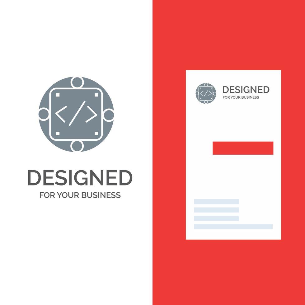 diseño de logotipo gris de producto de gestión de implementación personalizada de código y plantilla de tarjeta de visita vector