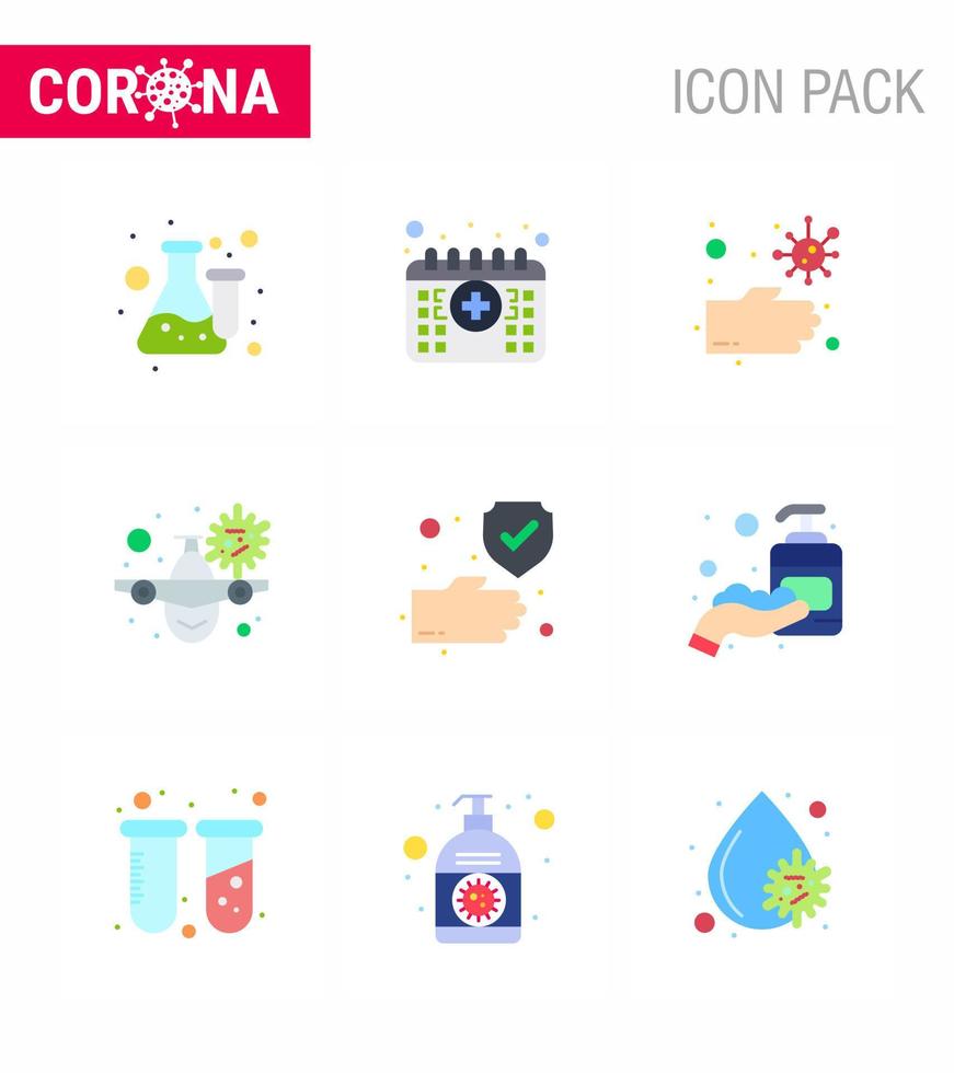 Coronavirus Precaution Tips icon for healthcare guidelines presentation 9 Flat Color icon pack such as virus vacation time travel unhealthy viral coronavirus 2019nov disease Vector Design Elemen