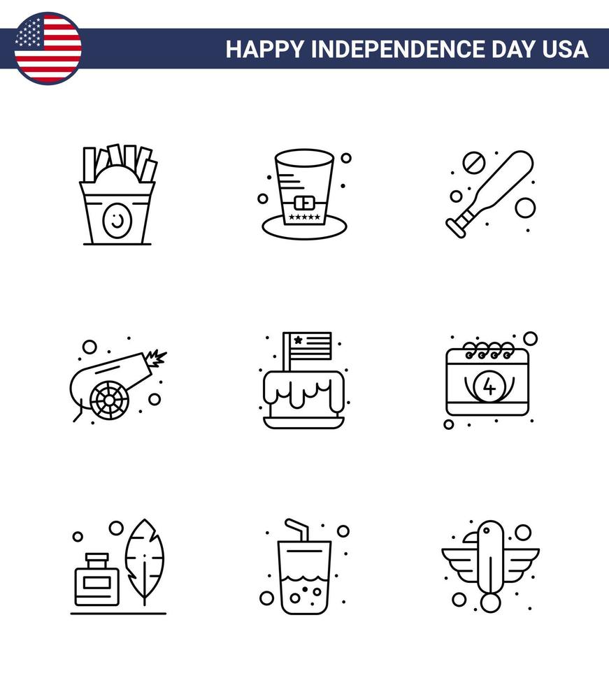 paquete de línea de 9 símbolos del día de la independencia de estados unidos del festival de la independencia arma de béisbol canon editable elementos de diseño vectorial del día de estados unidos vector