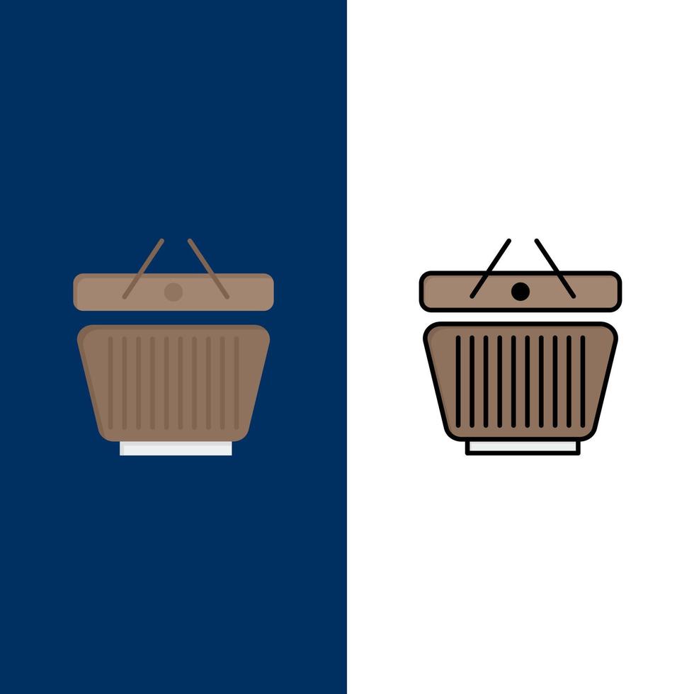 cesta minorista carrito de la compra iconos planos y llenos de línea conjunto de iconos vector fondo azul
