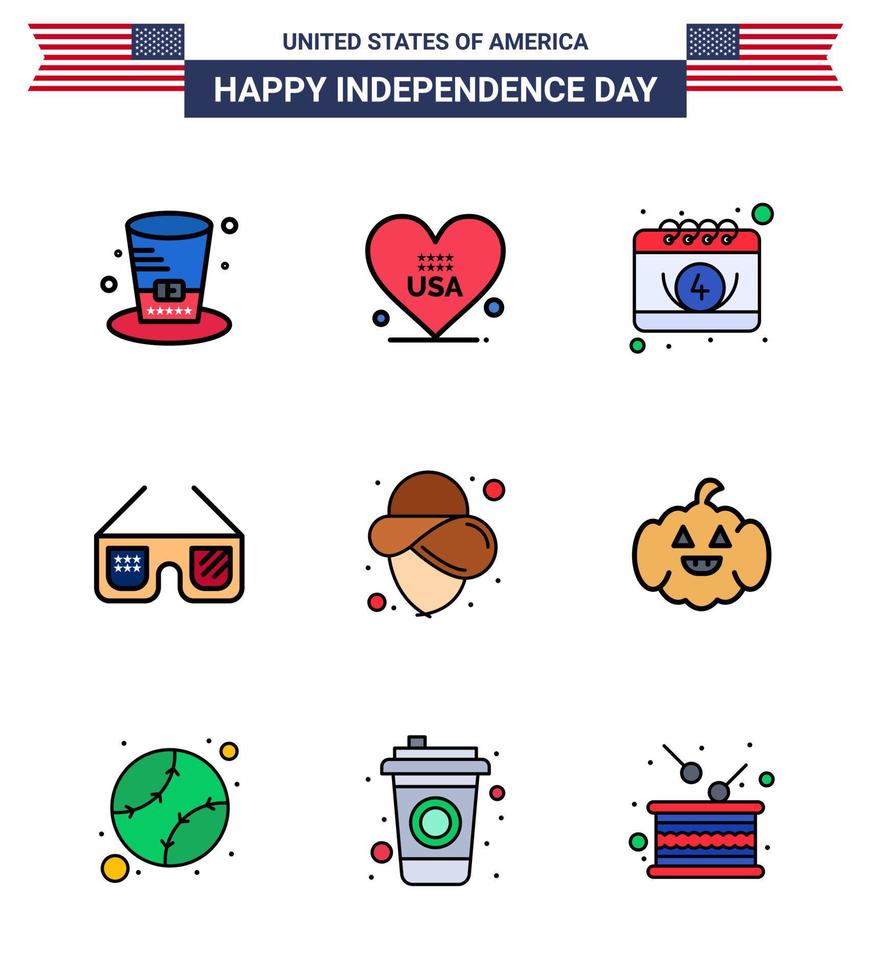 conjunto de 9 líneas llenas planas modernas paquete en el día de la independencia de estados unidos cowboy usa american imerican gafas de sol editables elementos de diseño vectorial del día de estados unidos vector