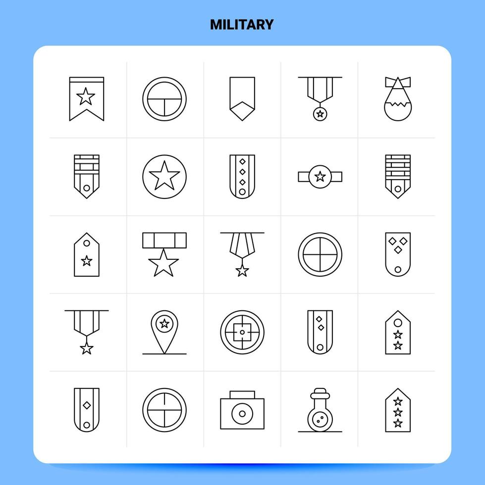OutLine 25 Military Icon set Vector Line Style Design Black Icons Set Linear pictogram pack Web and Mobile Business ideas design Vector Illustration