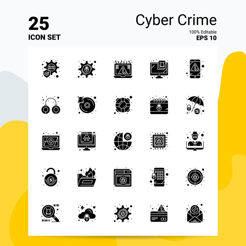 25 conjunto de iconos de delitos cibernéticos 100 archivos editables eps 10 ideas de concepto de logotipo de empresa diseño de icono de glifo sólido vector