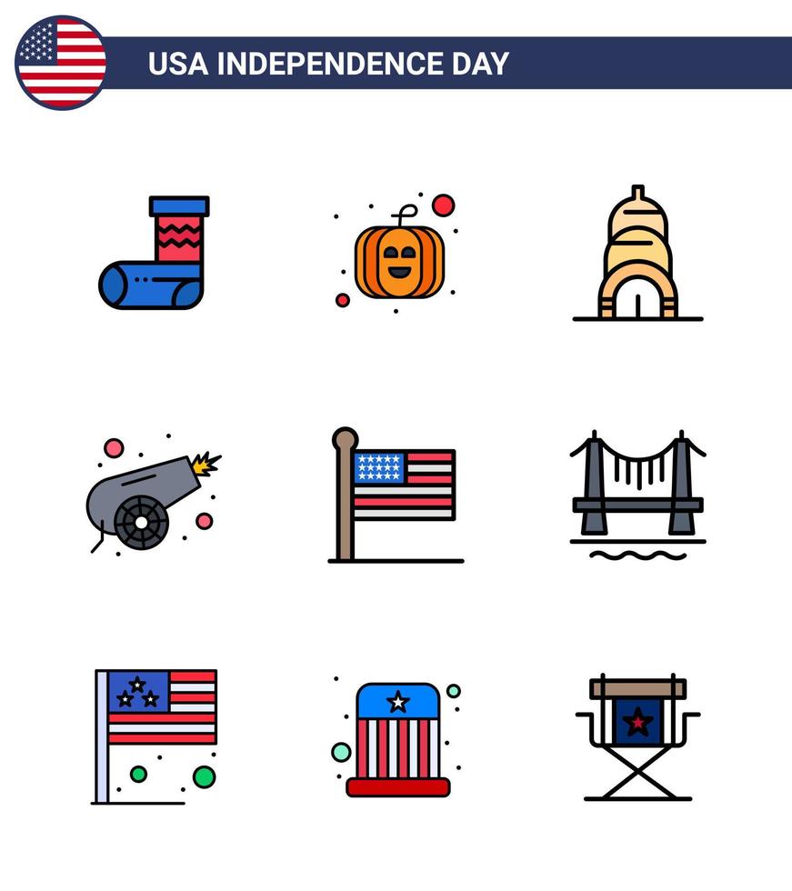 paquete de 9 signos de líneas rellenas planas de celebración del día de la independencia de EE. UU. Y símbolos del 4 de julio, como los estados de EE. UU. que construyen la guerra de banderas, elementos de diseño vectorial editables del día de EE. UU. vector