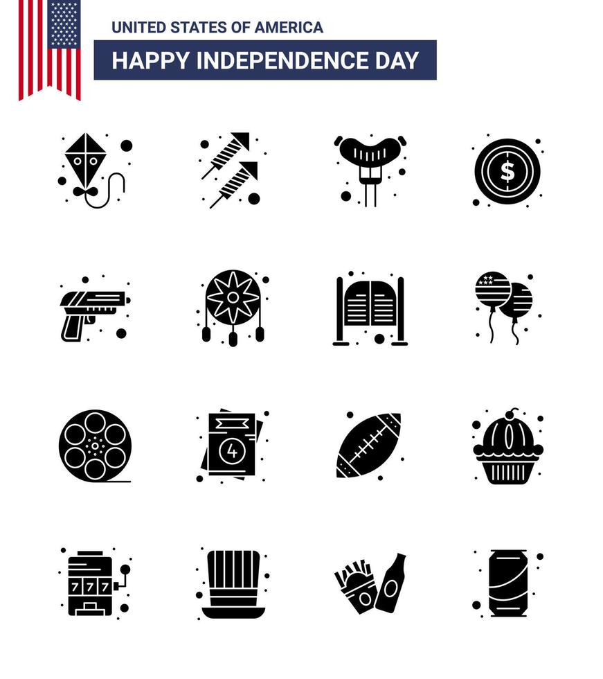 Set of 16 Modern Solid Glyphs pack on USA Independence Day weapon security frankfurter gun dollar Editable USA Day Vector Design Elements