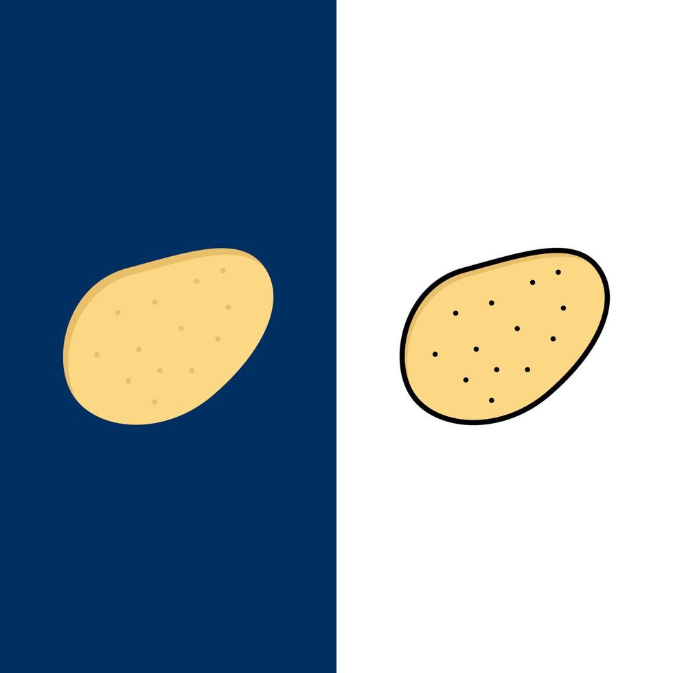Iconos de comida de patata plano y conjunto de iconos llenos de línea vector fondo azul
