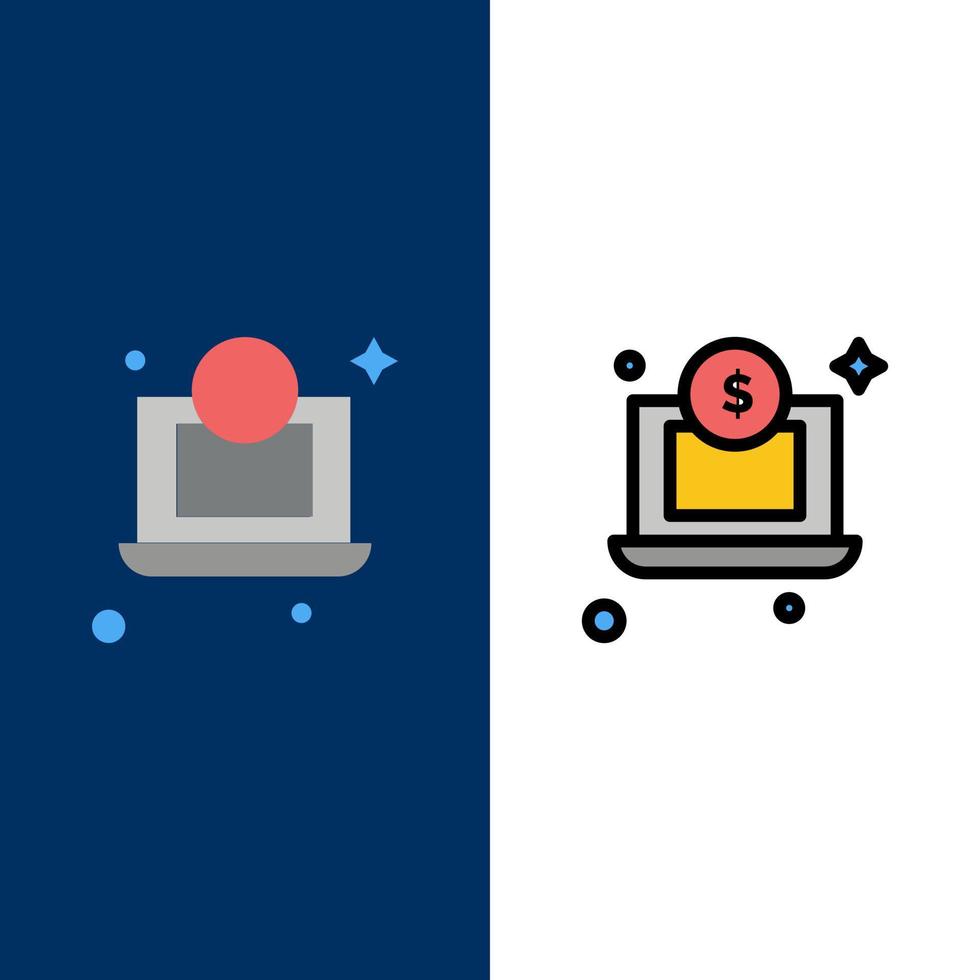 Laptop Dollar Money  Icons Flat and Line Filled Icon Set Vector Blue Background