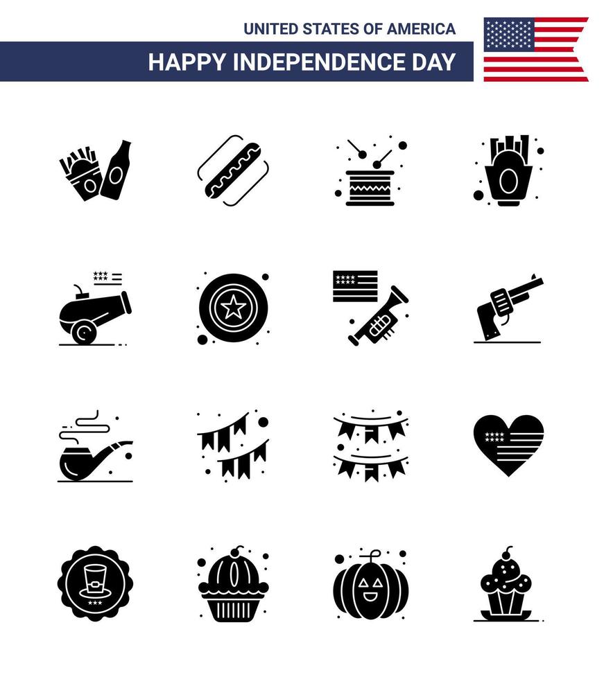 USA Independence Day Solid Glyph Set of 16 USA Pictograms of cannon food drum fries chips Editable USA Day Vector Design Elements