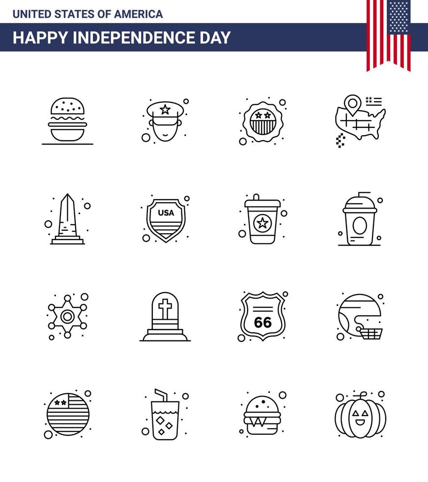 4th July USA Happy Independence Day Icon Symbols Group of 16 Modern Lines of usa monument security landmark map Editable USA Day Vector Design Elements