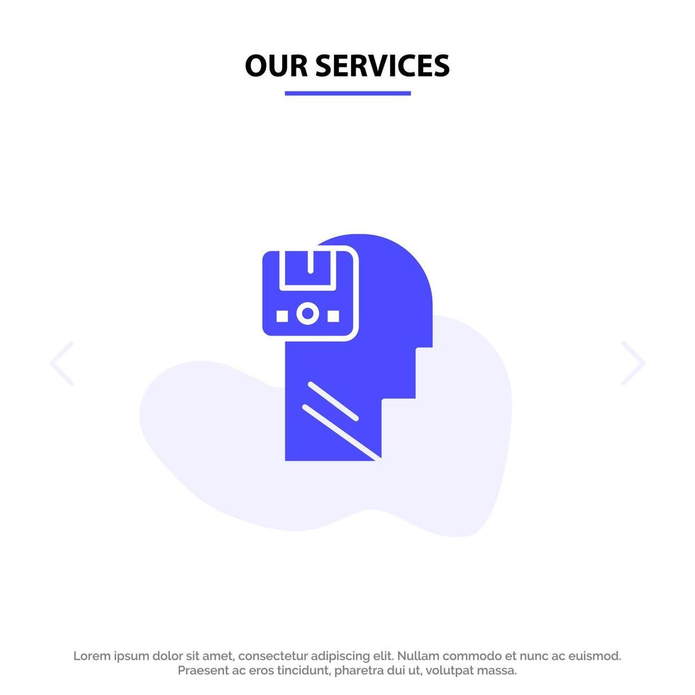 nuestros servicios memoria guardar datos usuario masculino glifo sólido icono plantilla de tarjeta web vector