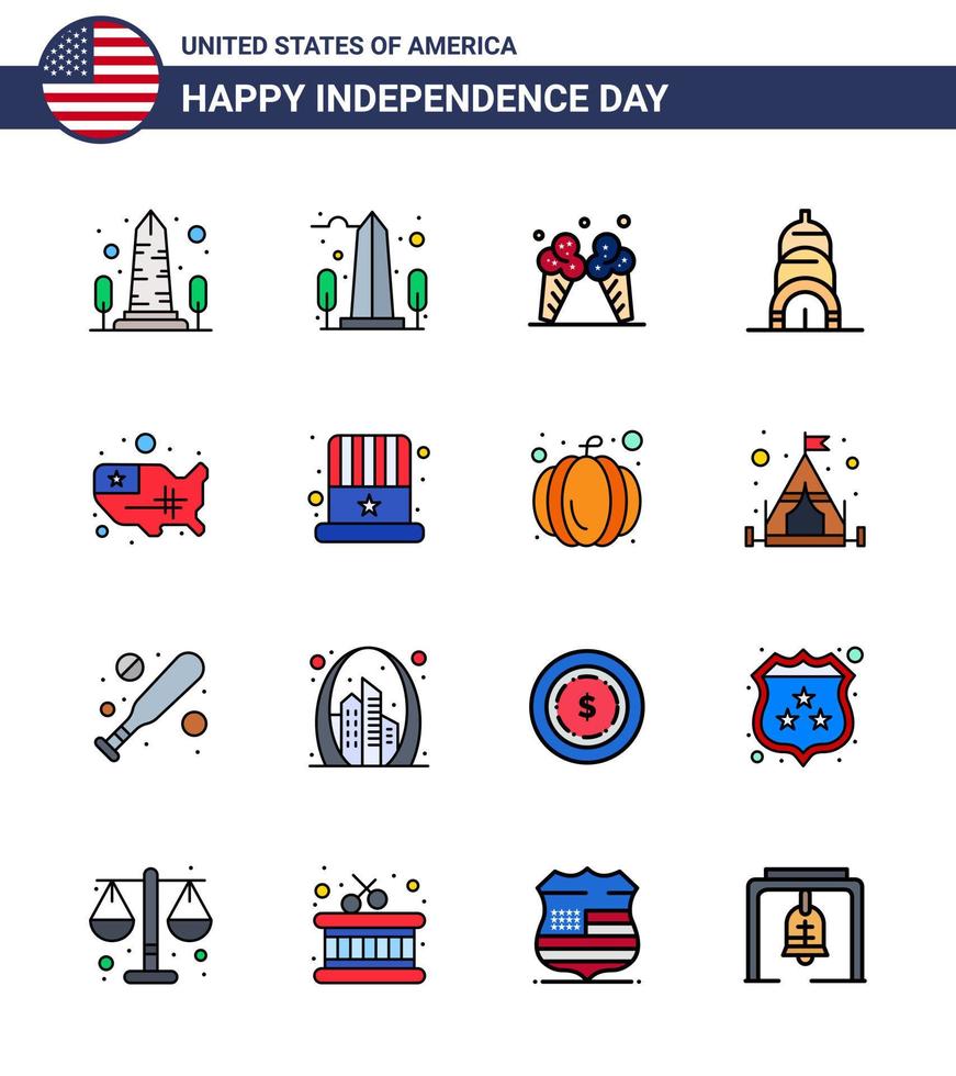 conjunto moderno de 16 líneas planas llenas y símbolos en el día de la independencia de estados unidos, como cap usa american united map elementos de diseño vectorial editables del día de estados unidos vector