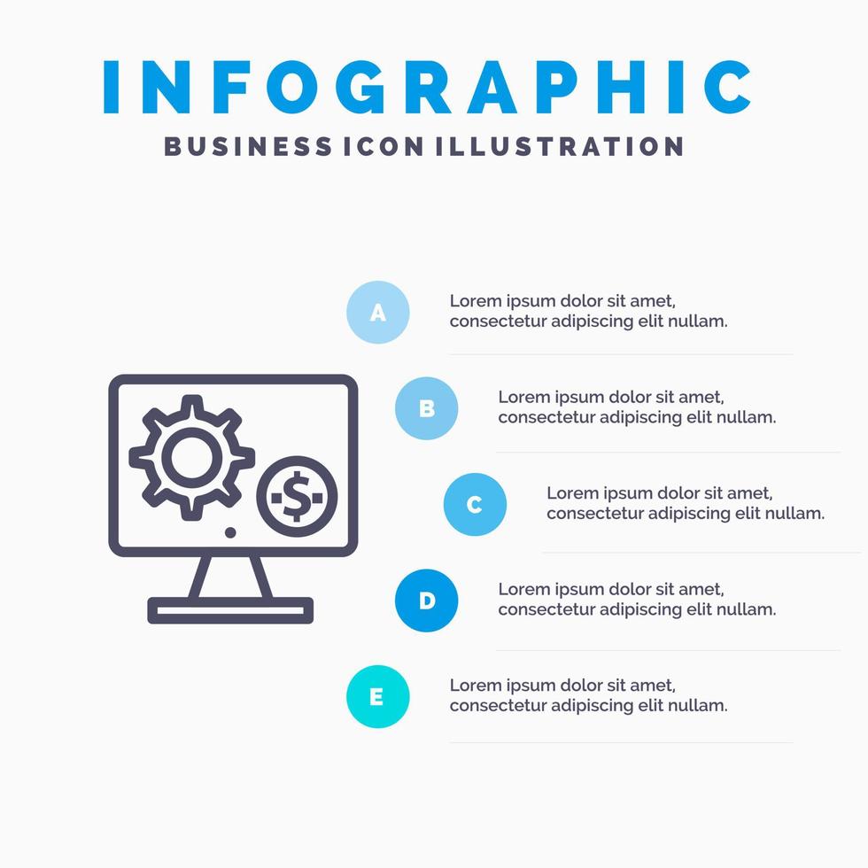 icono de línea de dinero de engranaje de ajuste de pantalla de monitor de generador con fondo de infografía de presentación de 5 pasos vector