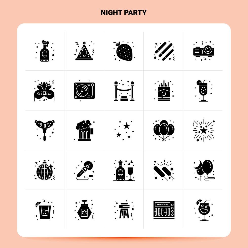 Solid 25 Night Party Icon set Vector Glyph Style Design Black Icons Set Web and Mobile Business ideas design Vector Illustration