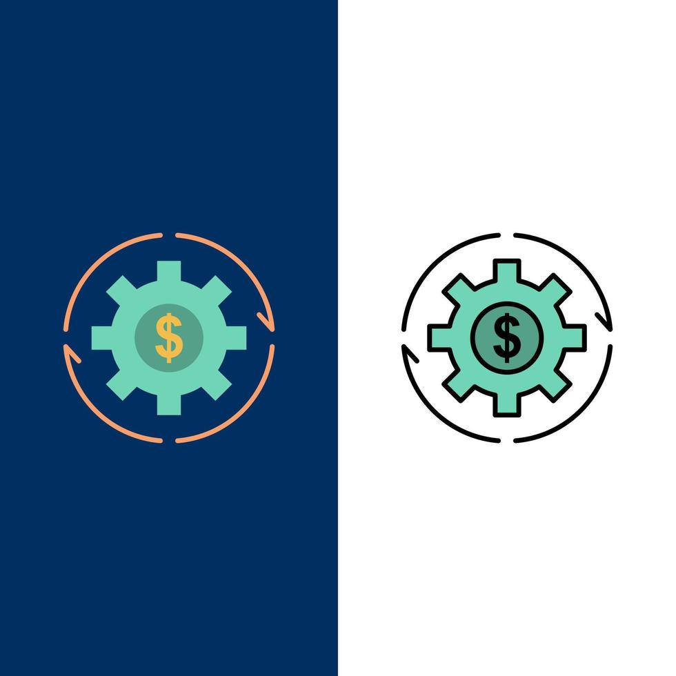 las ganancias de capital de ingresos hacen que los iconos de ganancias de dinero sean planos y llenos de línea conjunto de iconos vector fondo azul