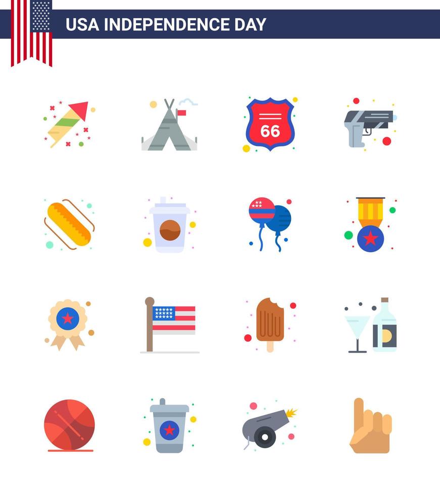 Happy Independence Day Pack of 16 Flats Signs and Symbols for hotdog weapon security army gun Editable USA Day Vector Design Elements