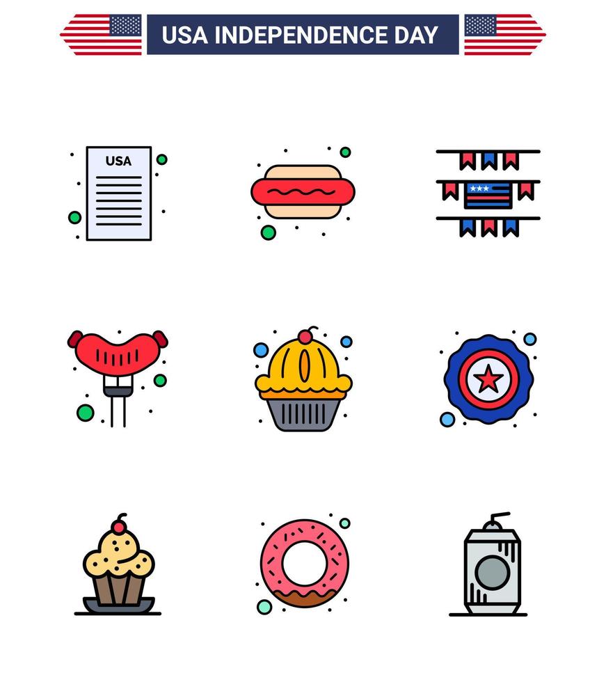 conjunto moderno de 9 líneas planas rellenas y símbolos en el día de la independencia de los estados unidos, como la decoración de fiestas de los estados policiales, muffin, salchichas, elementos de diseño vectorial editables del día de los estados unidos vector