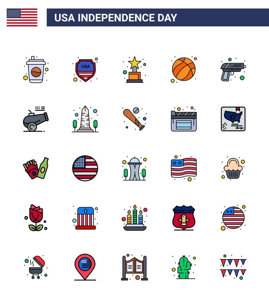 Editable Vector Flat Filled Line Pack of USA Day 25 Simple Flat Filled Lines of army gun achievement usa ball Editable USA Day Vector Design Elements