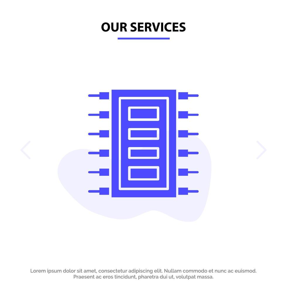 Our Services Tech Hardware Chip Computer Connect Solid Glyph Icon Web card Template vector