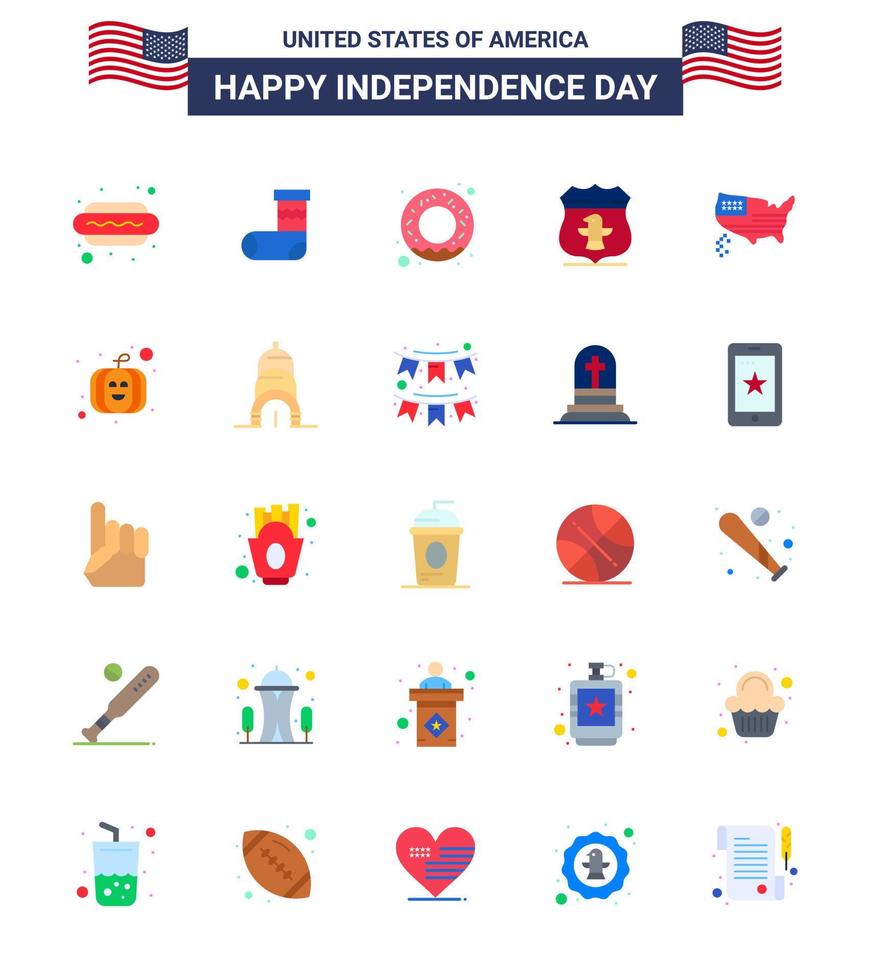 conjunto de 25 iconos del día de los ee.uu. símbolos americanos signos del día de la independencia para el día de acción de gracias donut americano seguridad ee.uu. elementos de diseño vectorial editables del día de los ee.uu. vector