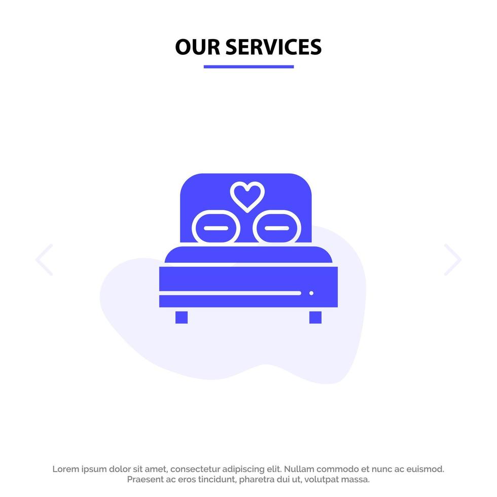 nuestros servicios cama amor corazón boda icono de glifo sólido plantilla de tarjeta web vector