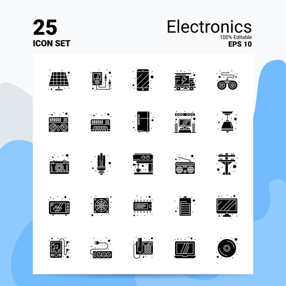 25 conjunto de iconos de electrónica 100 archivos editables eps 10 ideas de concepto de logotipo de empresa diseño de icono de glifo sólido vector