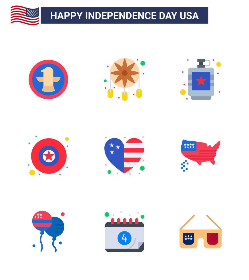 conjunto moderno de 9 pisos y símbolos en el día de la independencia de EE. UU., como la estrella del país, líquido militar alcohólico, elementos de diseño vectorial editables del día de EE. UU. vector