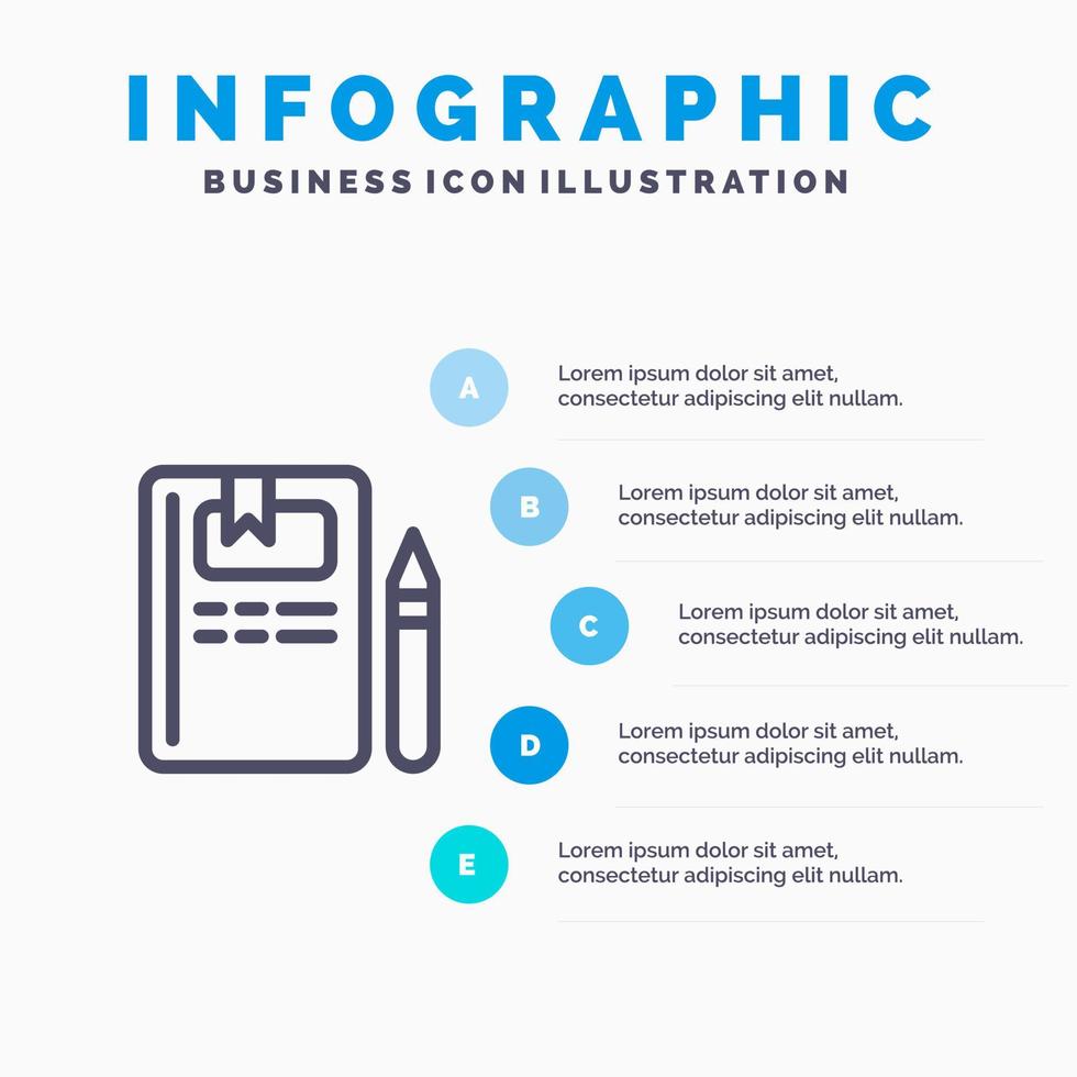 libro educación conocimiento lápiz línea icono con 5 pasos presentación infografía fondo vector