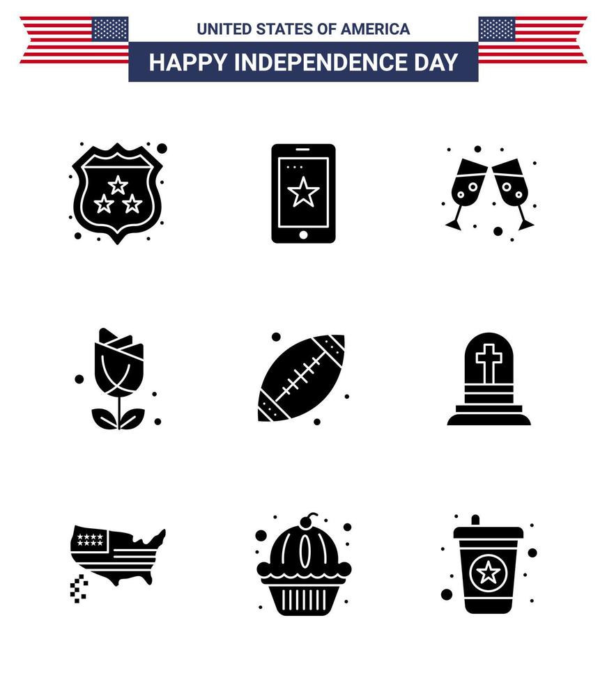 Set of 9 Modern Solid Glyphs pack on USA Independence Day sport ball beer plent imerican Editable USA Day Vector Design Elements