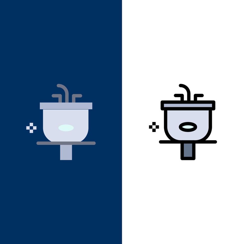 lavabo baño limpieza ducha lavado iconos plano y línea llena conjunto de iconos vector fondo azul