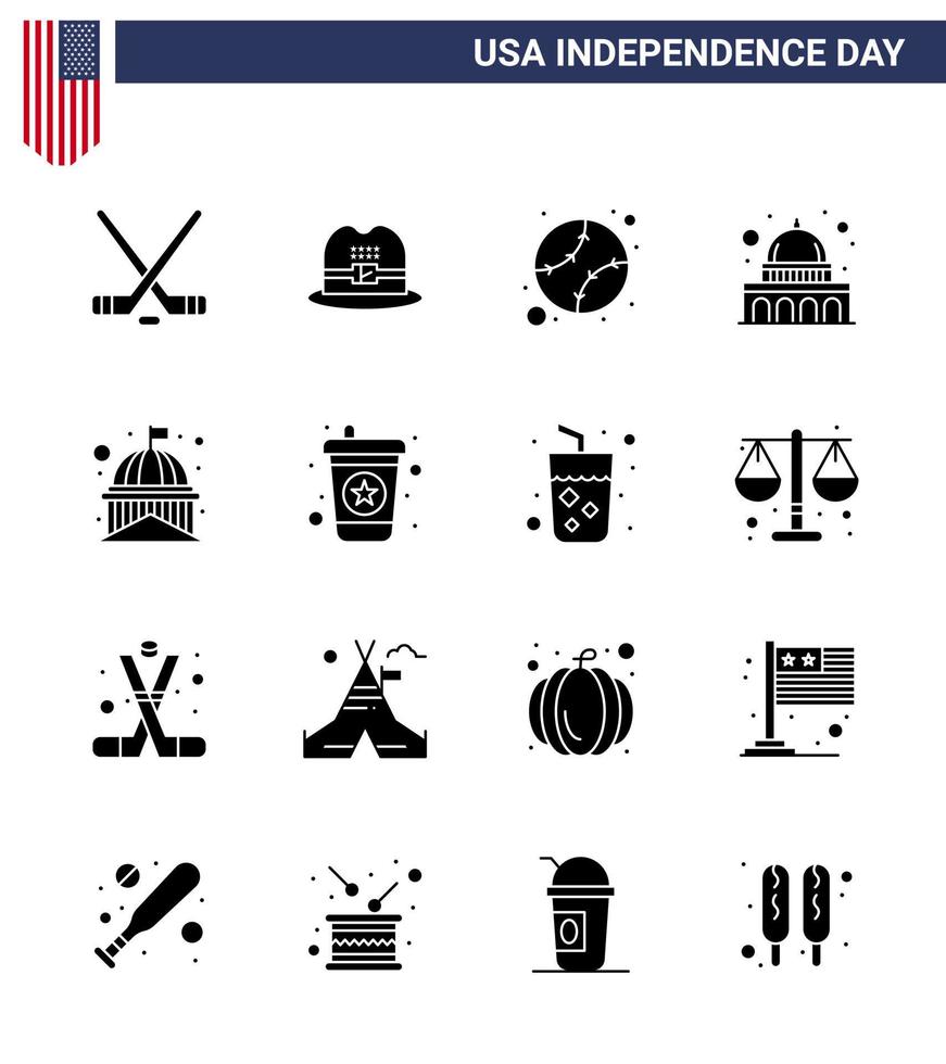 Group of 16 Solid Glyphs Set for Independence day of United States of America such as landmark building baseball wisconsin madison Editable USA Day Vector Design Elements