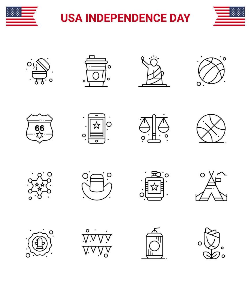 Happy Independence Day Pack of 16 Lines Signs and Symbols for shield usa liberty football american Editable USA Day Vector Design Elements