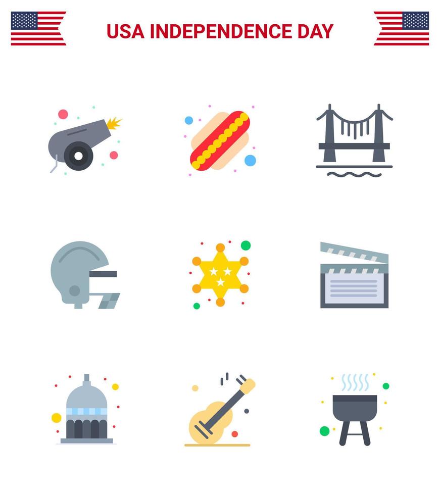 9 USA Flat Pack of Independence Day Signs and Symbols of star military building badge football Editable USA Day Vector Design Elements