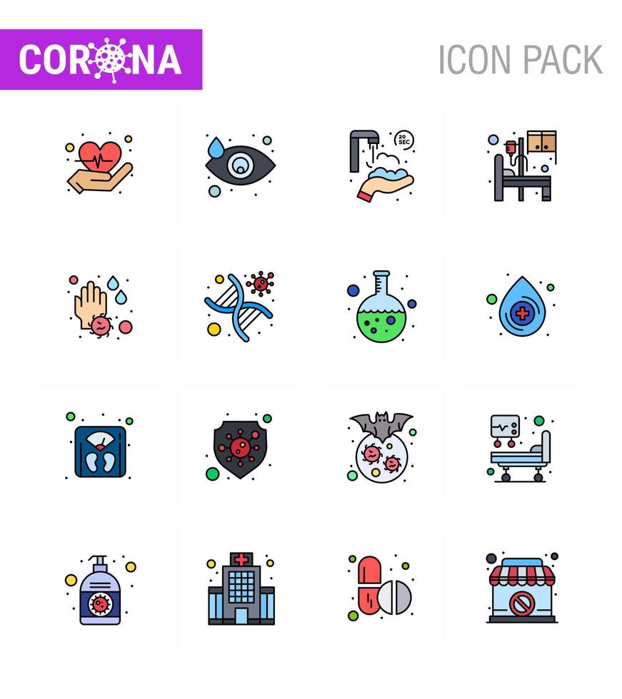 conjunto de iconos covid19 para el paquete de líneas llenas de color plano infográfico 16, como lavarse las manos, proteger las manos, habitación, hospital, coronavirus viral, 2019nov, elementos de diseño de vectores de enfermedades