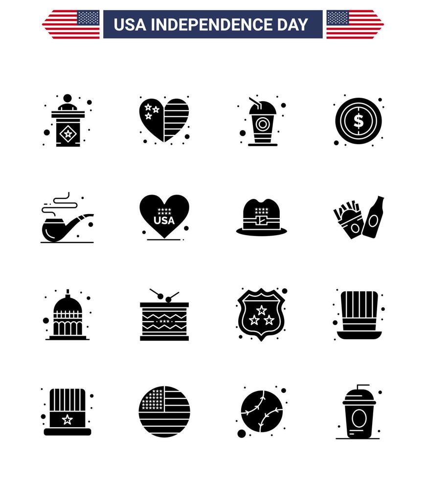 Happy Independence Day USA Pack of 16 Creative Solid Glyphs of smoke sign bottle dollar usa Editable USA Day Vector Design Elements