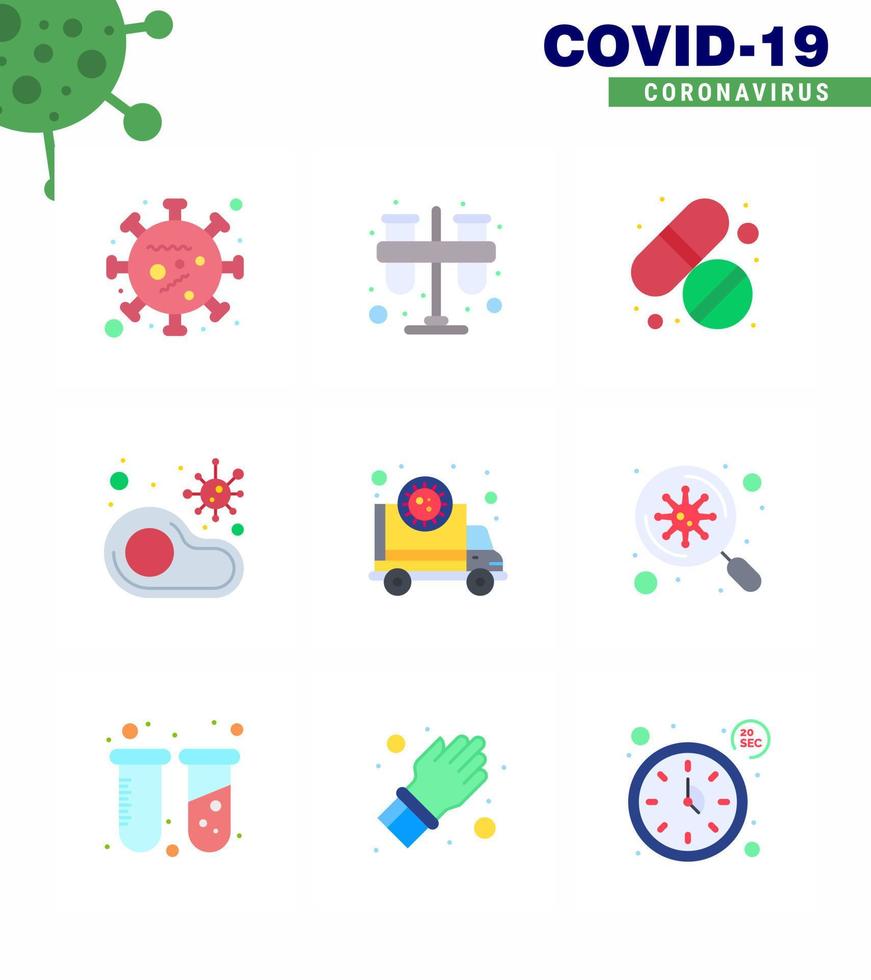 Covid19 icon set for infographic 9 Flat Color pack such as no food practicum infected tablet viral coronavirus 2019nov disease Vector Design Elements