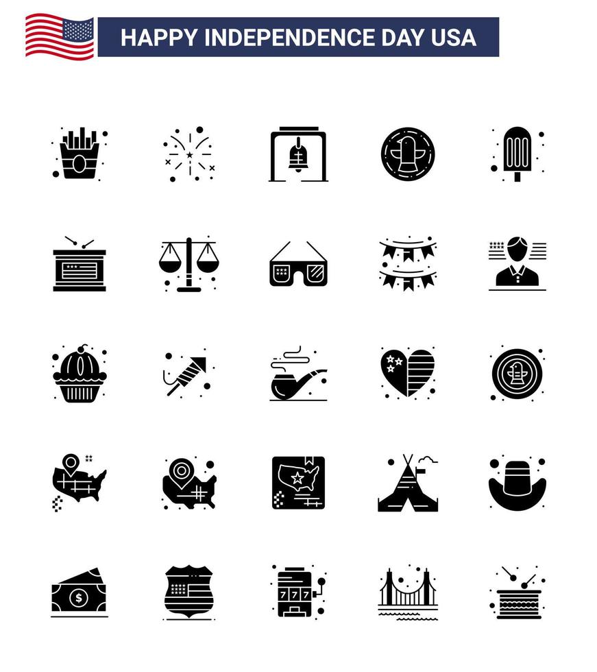 4th July USA Happy Independence Day Icon Symbols Group of 25 Modern Solid Glyph of ice cream cream bell eagle bird Editable USA Day Vector Design Elements