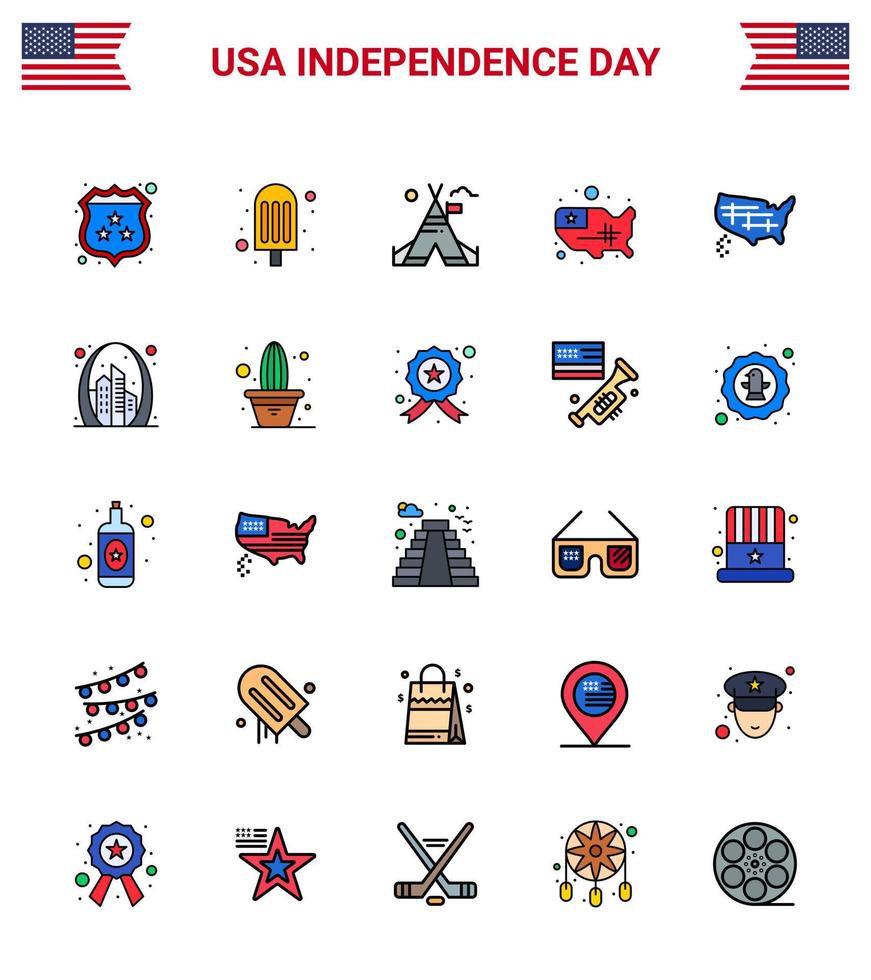 Stock Vector Icon Pack of American Day 25 Flat Filled Line Signs and Symbols for gate arch tent usa states Editable USA Day Vector Design Elements