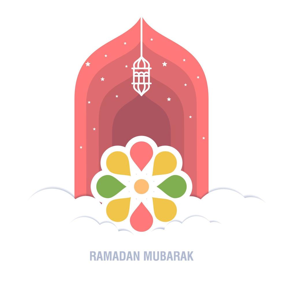 Ramadan Kareem islamic design crescent moon and mosque dome silhouette with arabic pattern and calligraphy vector