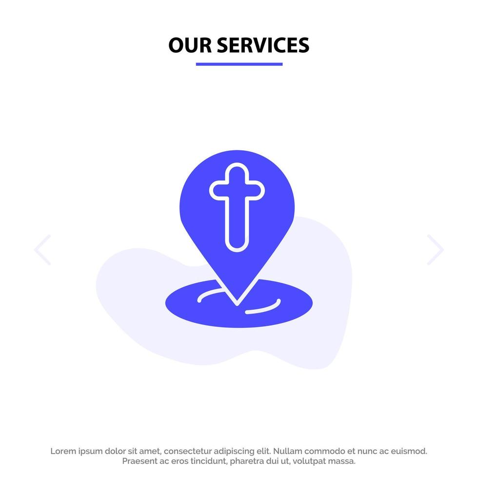 nuestros servicios mapa de ubicación pasador de pascua icono de glifo sólido plantilla de tarjeta web vector